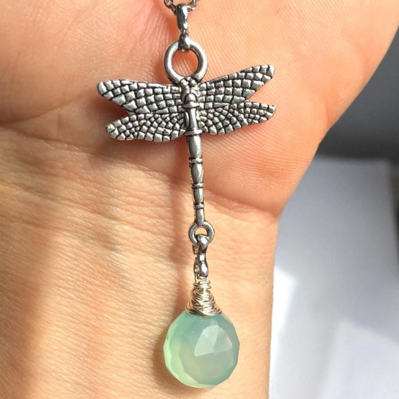 Silver Dragonfly Charm Necklace —  Aqua Gemstone - Picture 4 of 4